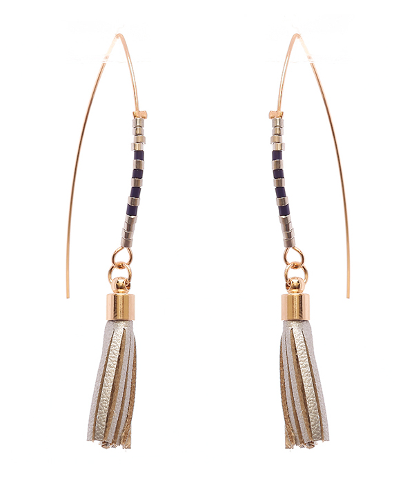 SEED BEAD AND LEATHER TASSEL FISH HOOK EARRING