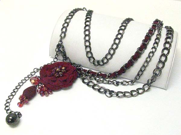Flower charm suede and metal chain long necklace earring set