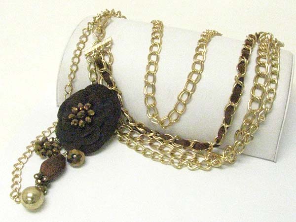 Flower charm suede and metal chain long necklace earring set