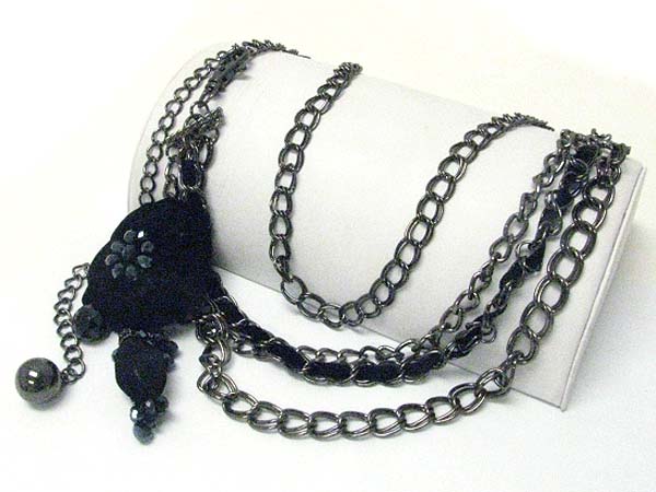 Flower charm suede and metal chain long necklace earring set