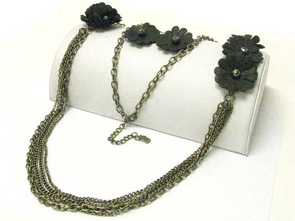 FABRIC FLOWER AND MULTI METAL CHAIN LONG NECKLACE EARRING SET