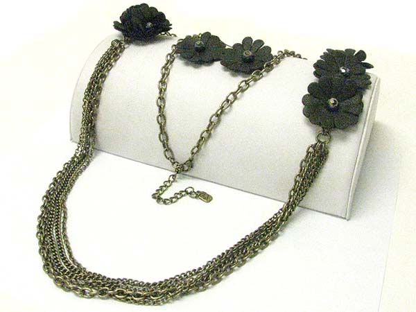 Fabric flower and multi metal chain long necklace earring set