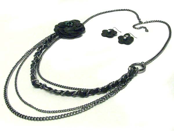 Fabric flower and multi metal chain long necklace earring set