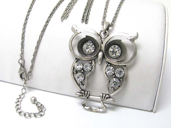 Crystal stud owl pendant long chain necklace