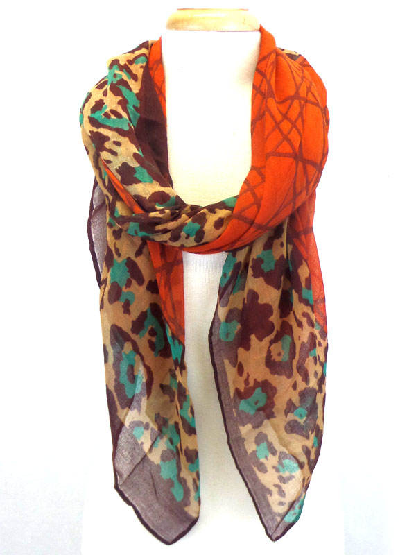 Animal print and geometric line mix scarf