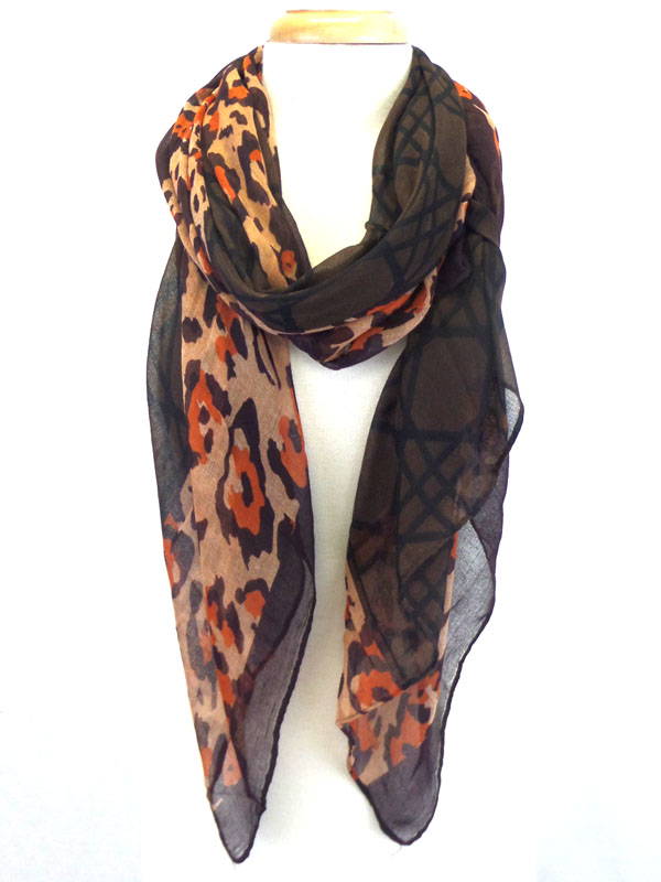 Animal print and geometric line mix scarf
