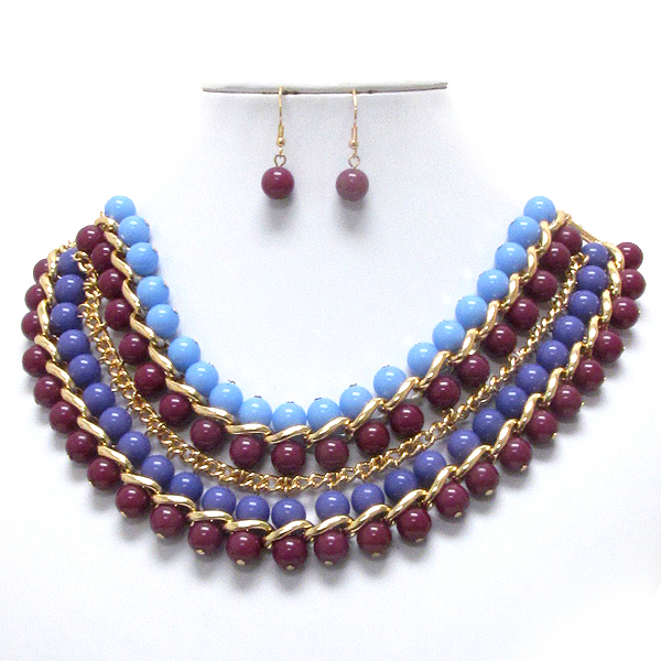 MULTI ACRYLIC BALL AND CHAIN LINK NECKLACE EARRING SET