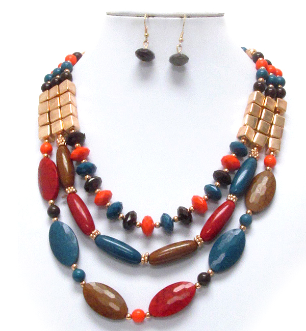 Multi acrylic bead and metal cube link 3 layered necklace earring set