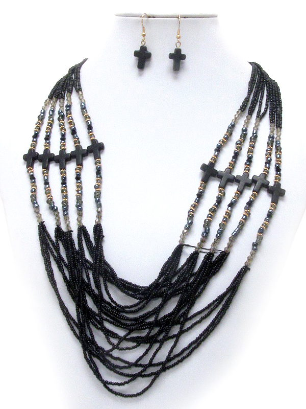 Multi seed bead and cross deco 5 layered necklace earring set