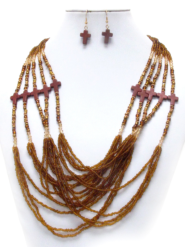 MULTI SEED BEAD AND CROSS DECO 5 LAYERED NECKLACE EARRING SET