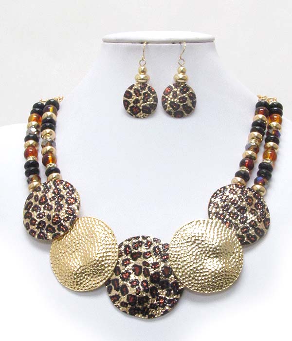 Textured and animal print metal disk link necklace earring set - leopard