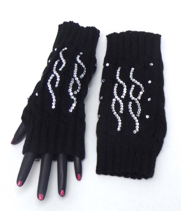 Crystal double wave pattern open fingertip knit glove