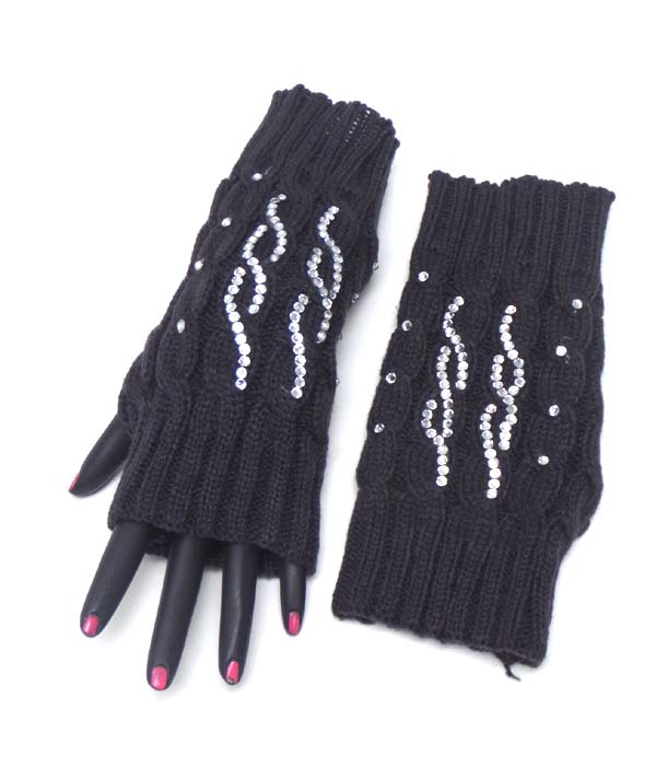 Crystal double wave pattern open fingertip knit glove