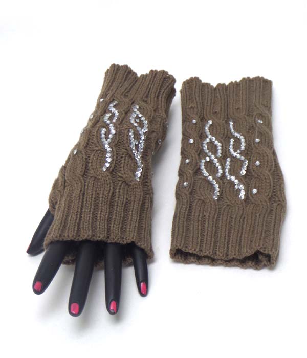 Crystal double wave pattern open fingertip knit glove