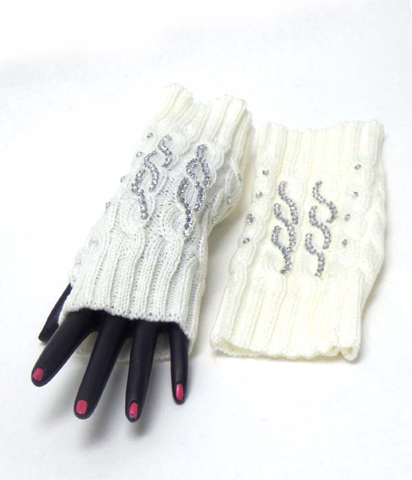 Crystal double wave pattern open fingertip knit glove