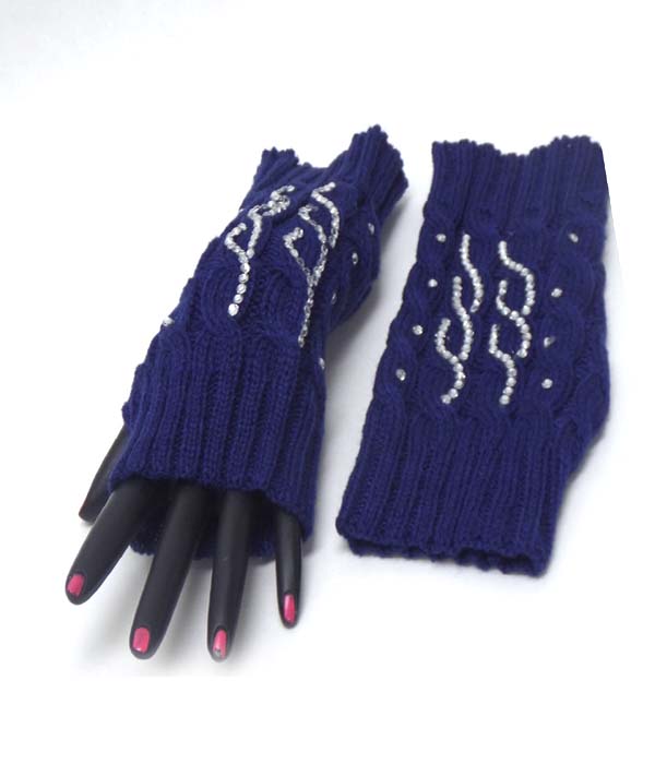 Crystal double wave pattern open fingertip knit glove