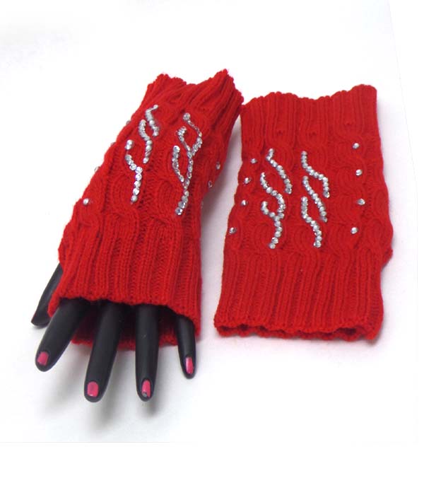 Crystal double wave pattern open fingertip knit glove