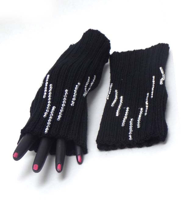 Multi crystal line open fingertip knit glove