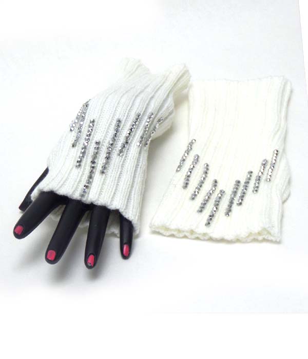 Multi crystal line open fingertip knit glove