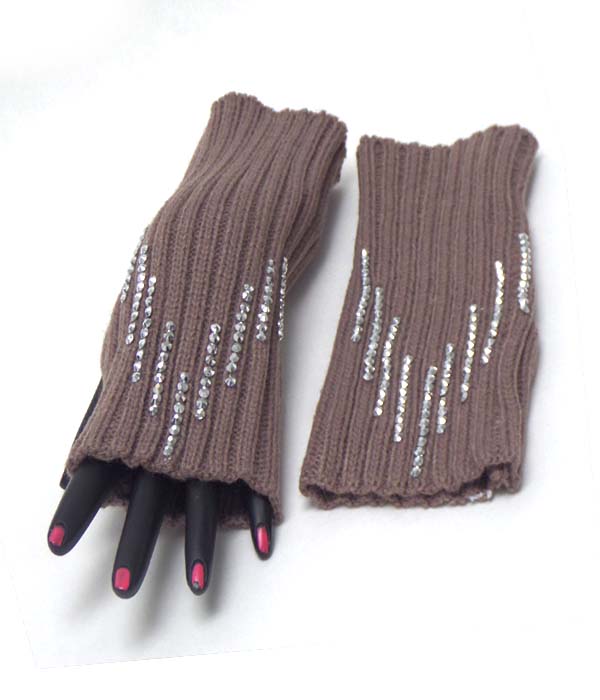 Multi crystal line open fingertip knit glove