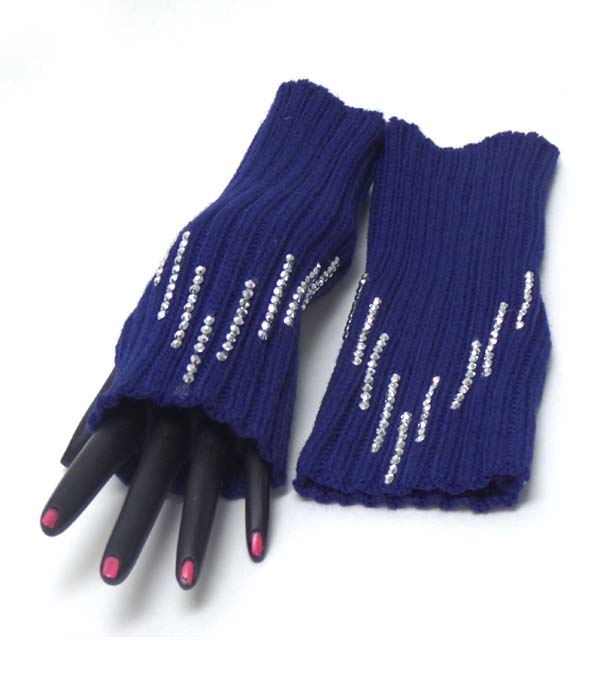 Multi crystal line open fingertip knit glove