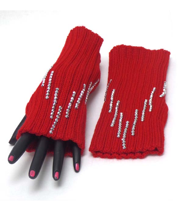 Multi crystal line open fingertip knit glove