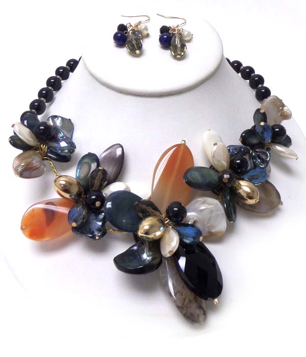 Semi precious stone and shell multi flower necklace set