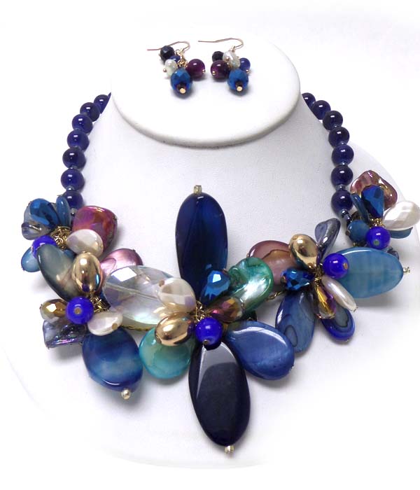 Semi precious stone and shell multi flower necklace set