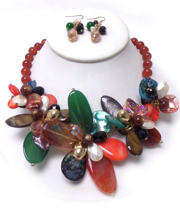 Semi precious stone and shell multi flower necklace set