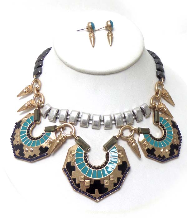 Tribal style epoxy multi metal necklace set