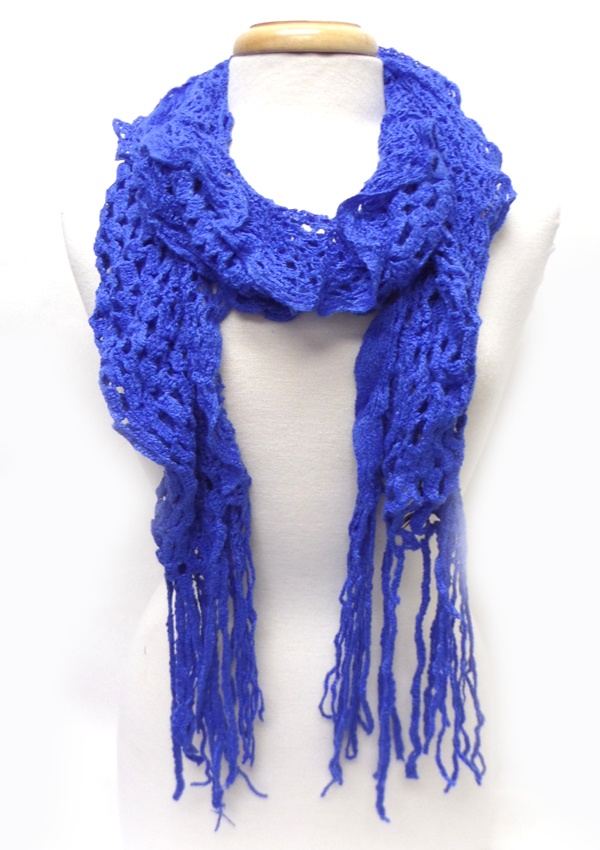 Long fringe mesh pattern knit scarf