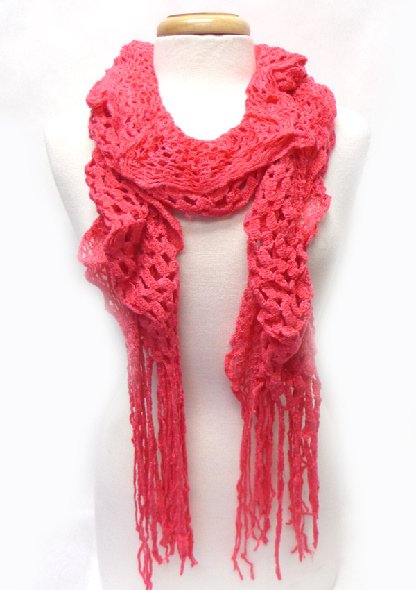 Long fringe mesh pattern knit scarf