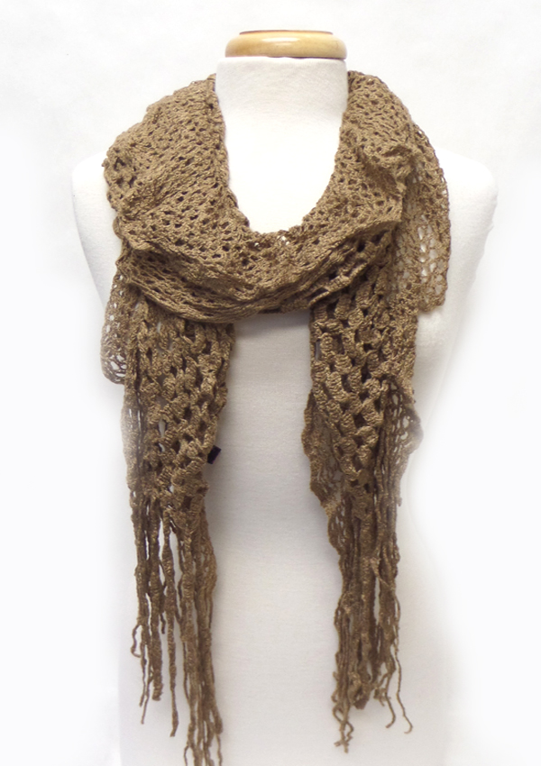 Long fringe mesh pattern knit scarf