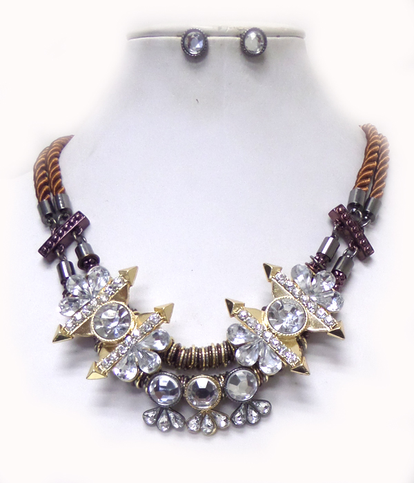 2 layer rope crystal drop necklace set
