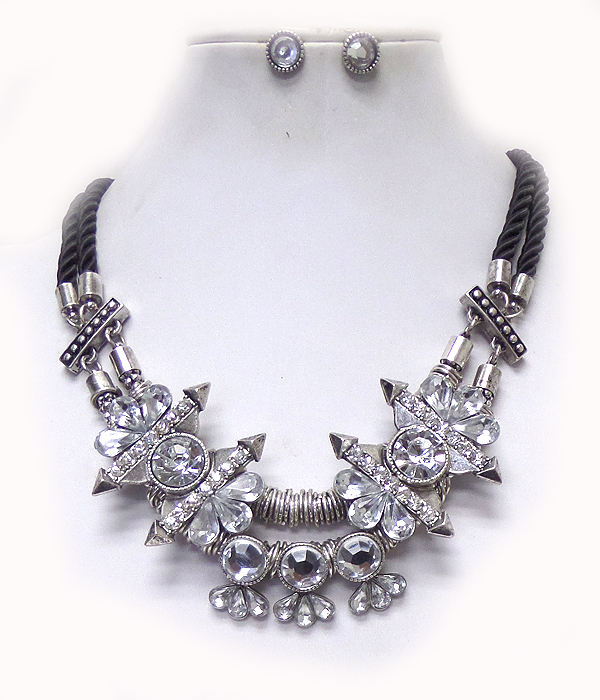 2 layer rope crystal drop necklace set