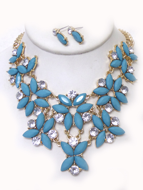 Crystal stud flowers linked drop statement necklace set