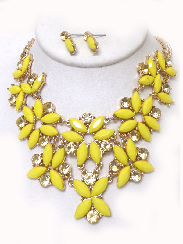 Crystal stud flowers linked drop statement necklace set 