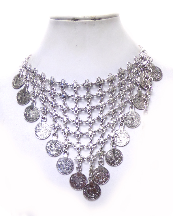 Multi coin drop baroque style metal bib necklace