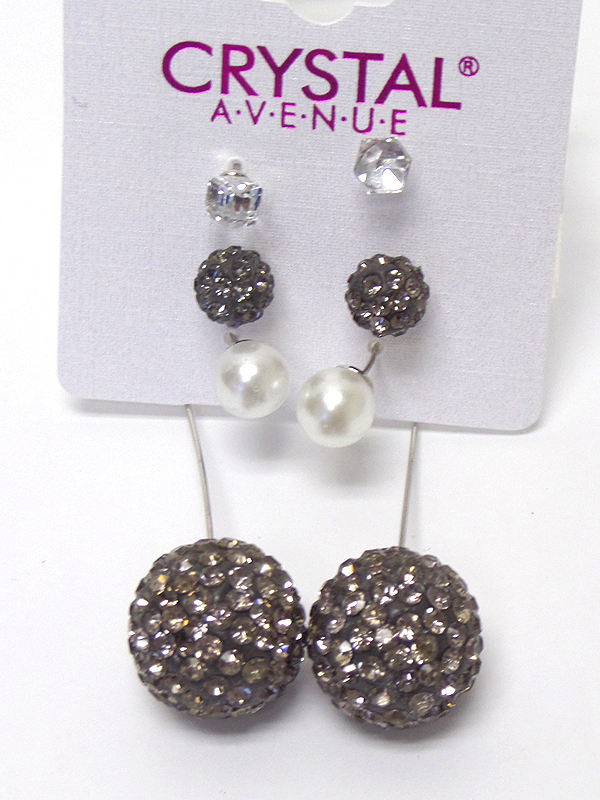 Crystal fireball drop double sided front and back 3 piece earring set