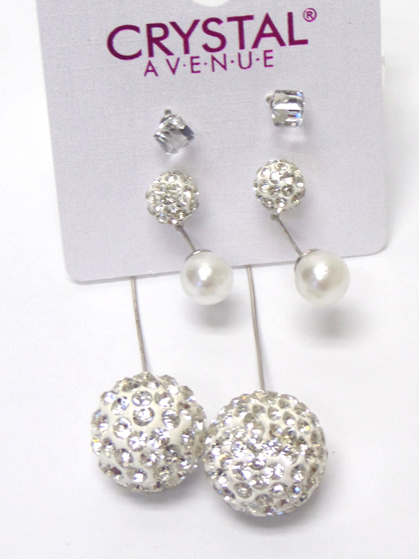 Crystal fireball drop double sided front and back 3 piece earring set