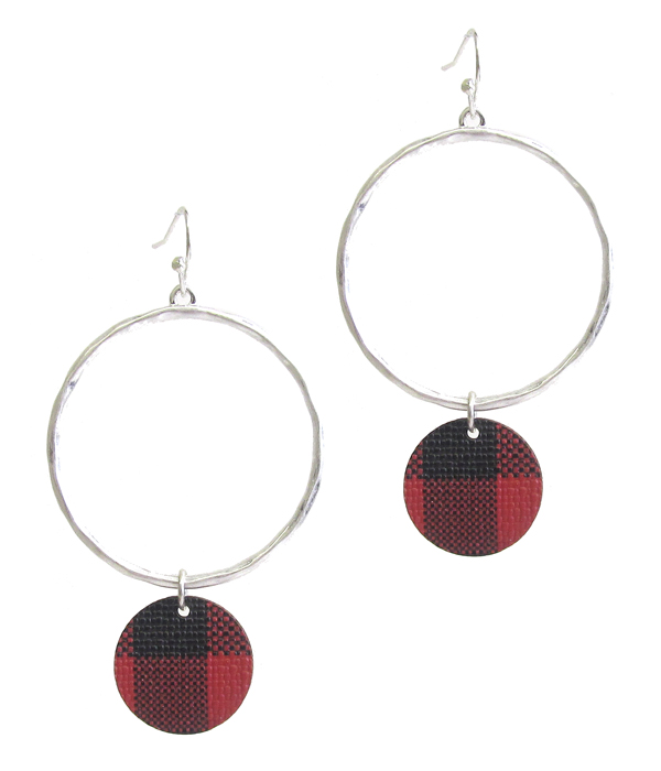 Buffalo plaid check pattern disc drop hoop earring