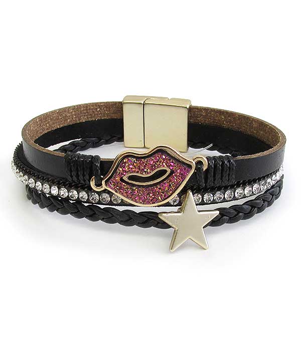 Lip and star leatherette magnetic bracelet