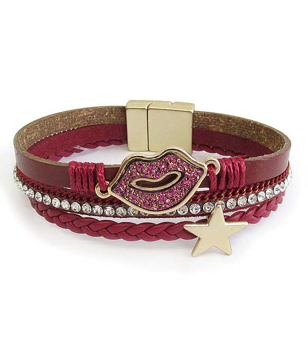 Lip and star leatherette magnetic bracelet