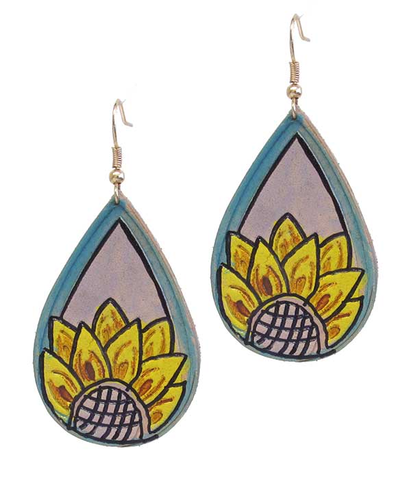 Handpainted leatherette teardrop earring - sunflower