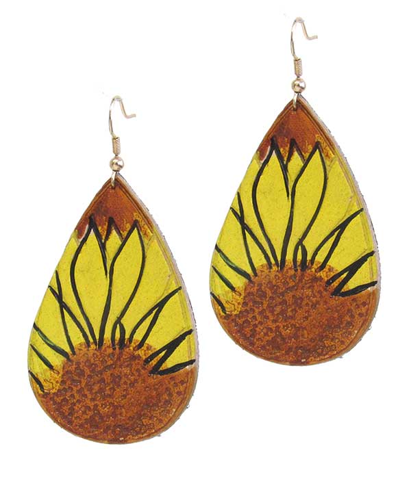 Handpainted leatherette teardrop earring - sunflower
