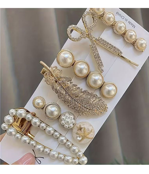 Pearl and stone mix hair clip set