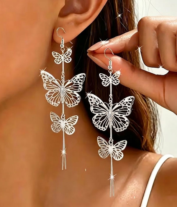 Metal filigree triple butterfly drop earring 