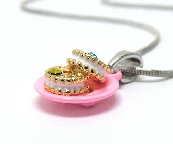 Made in korea whitegold plating and metal epoxy crystal stud two miniature cookie pendant necklace