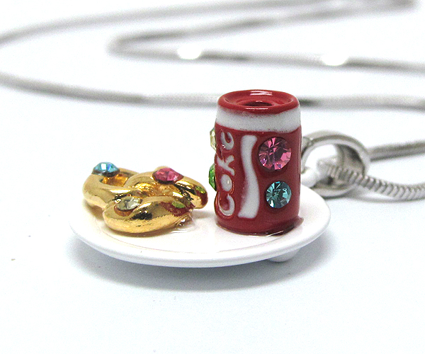 WHITEGOLD PLATING AND METAL EPOXY CRYSTAL STUD MINIATURE SODA AND PRETZEL PENDANT NECKLACE