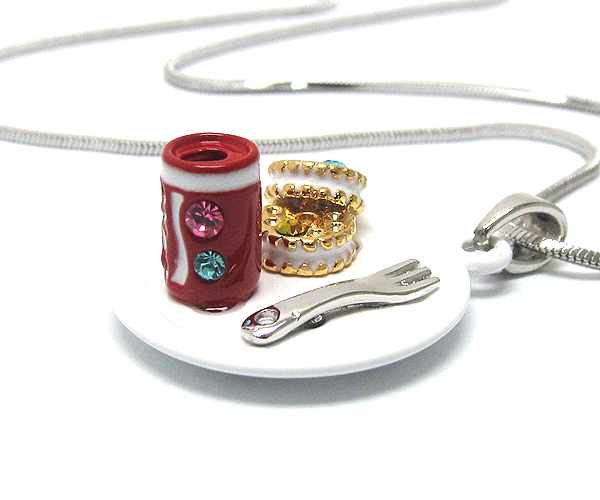 Made in korea whitegold plating and metal epoxy crystal stud two miniature cookie and soda can pendant necklace